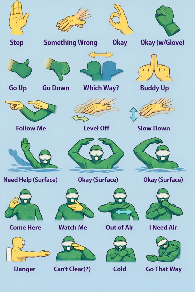 Scuba diving hand signals chart showing underwater and surface communication signs